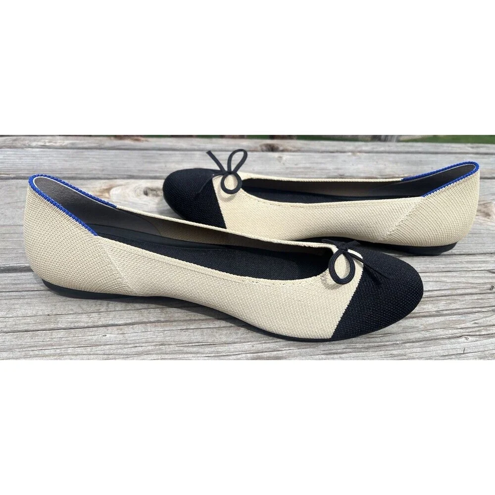 Rothy's The Ballet Flat Women's 10 Cream w/ Black Captoe Bow Accent